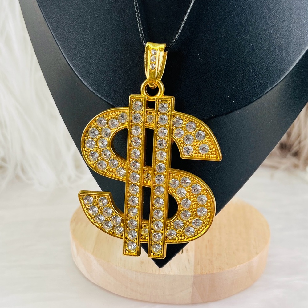 Goldtone Dollar Sign Bling Large Pendant Necklace + Coed Necklace - Picture 4 of 8